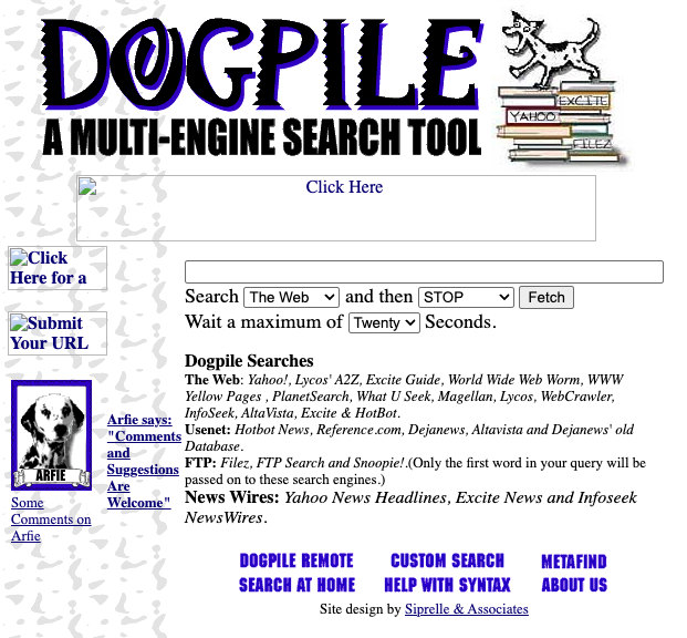 Dogpile homepage as it appeared on February 2, 1997.